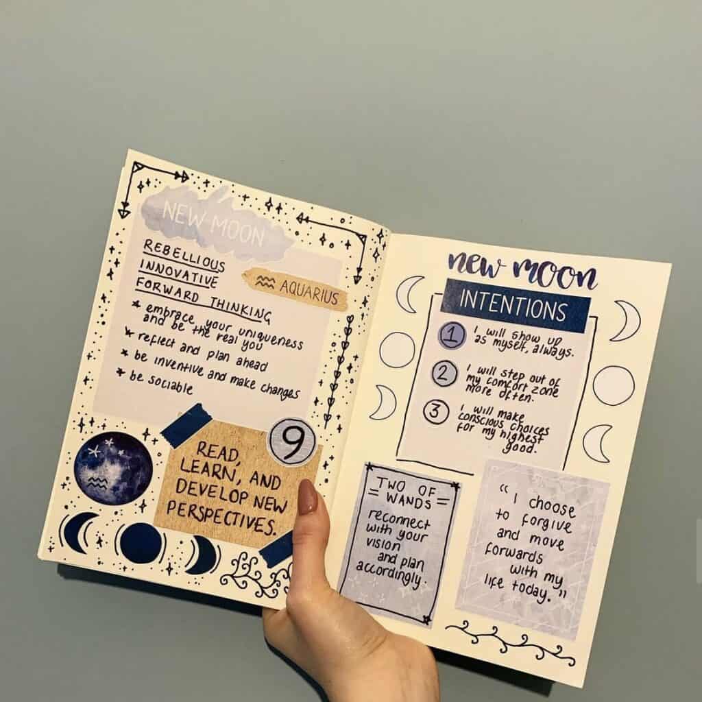 A Guide to Moon Journaling for Sacred Self Care 24 new moon in Aquarius journal spread by Esther of Through the Phases. Featuring astrological insights, new moon intentions and a tarot card pull.
