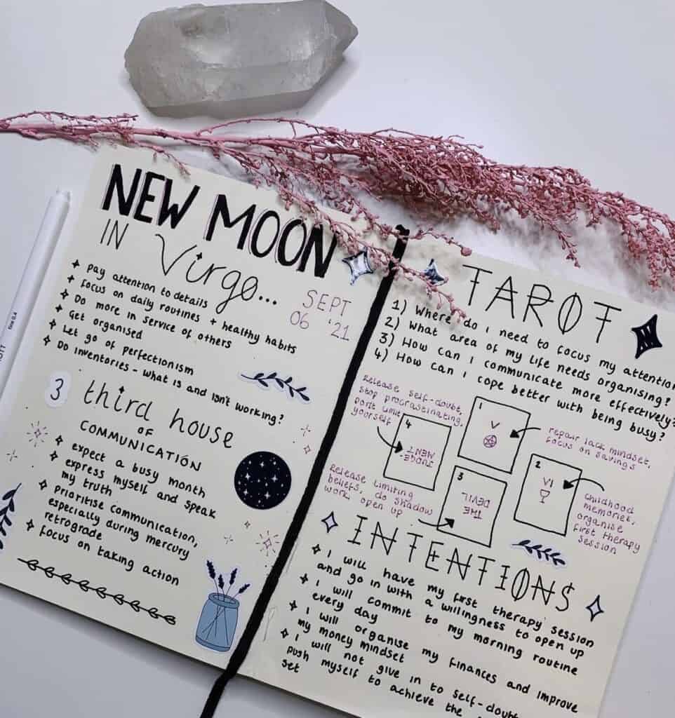 new moon in virgo journal spread created by Esther from Through the Phases. featuring astrological insights, a four card tarot spread and intentions for the moon cycle.