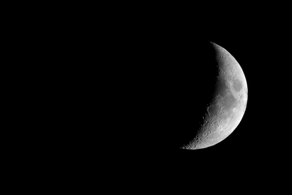 A Guide to Moon Journaling for Sacred Self Care 17 Waxing crescent moon seen with an astronomical telescope, 3:2 format in black and white