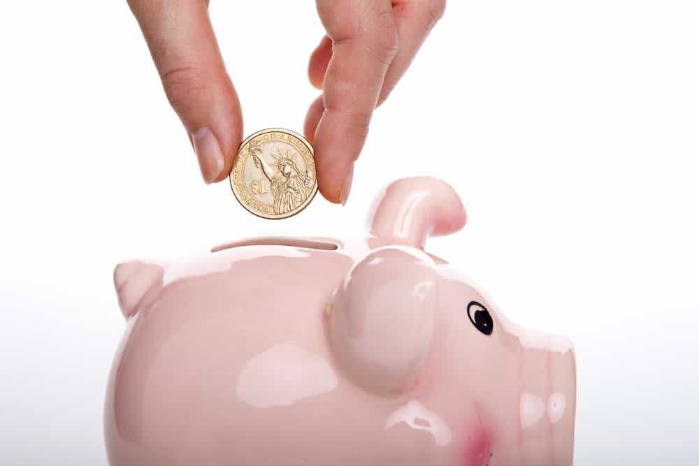 putting dollar in piggy bank