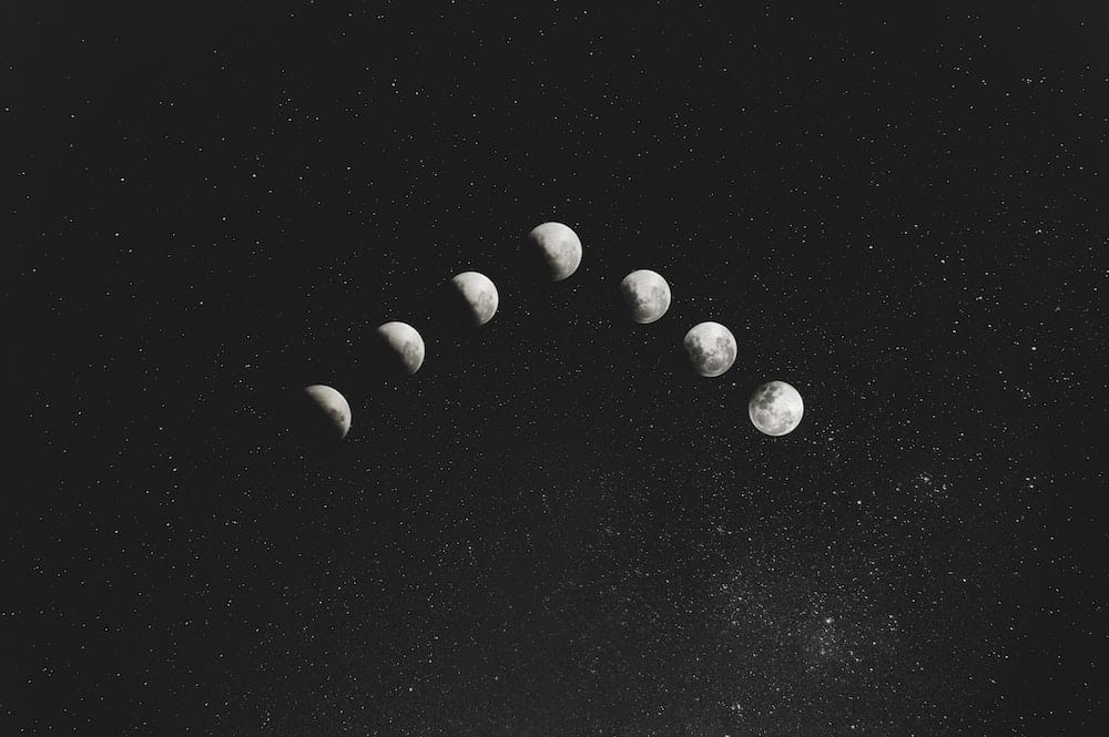 67 New Moon Affirmations for Lunar Living in 2024 5 moon phase formation on black galaxy background