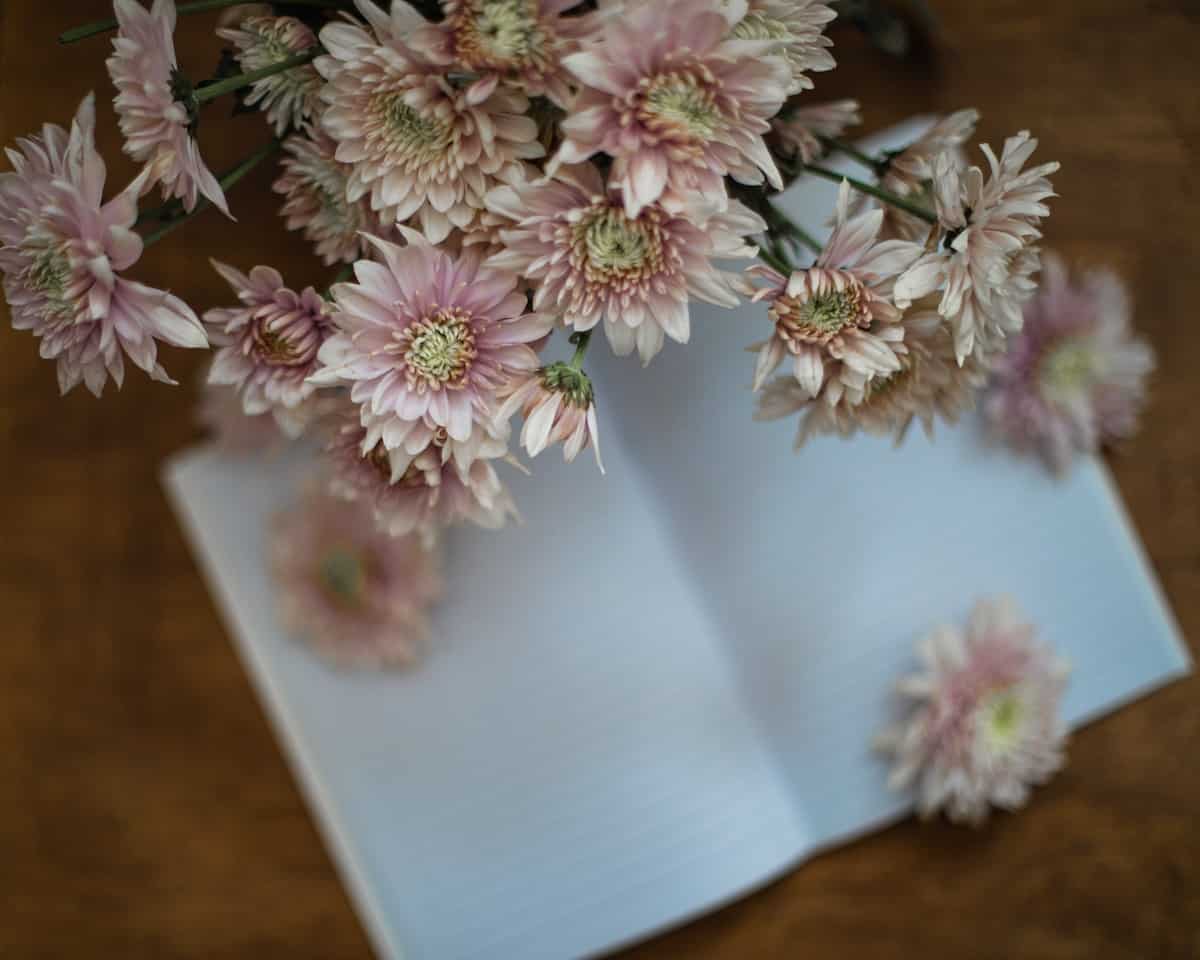 a notebook surrounded by pink flowers