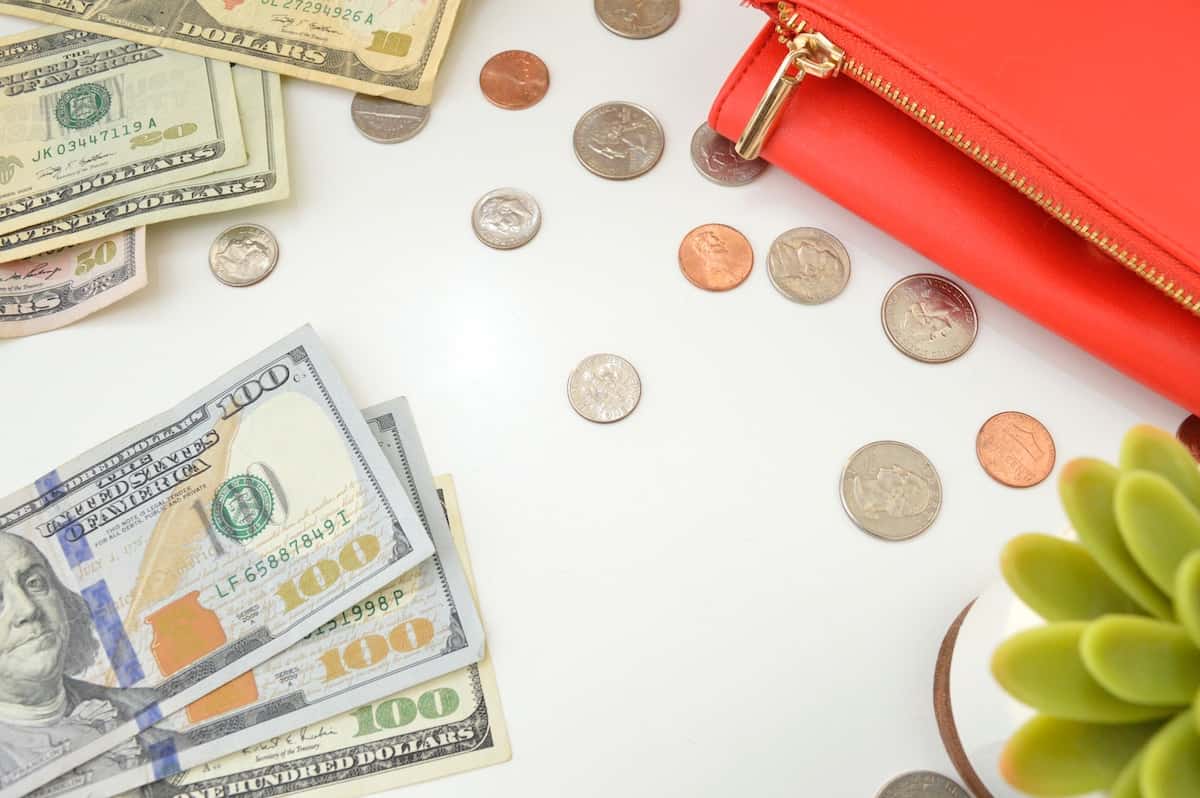 10 Tips to Become a Money Magnet Using the Law of Attraction 1 pile of money on desk next to purse