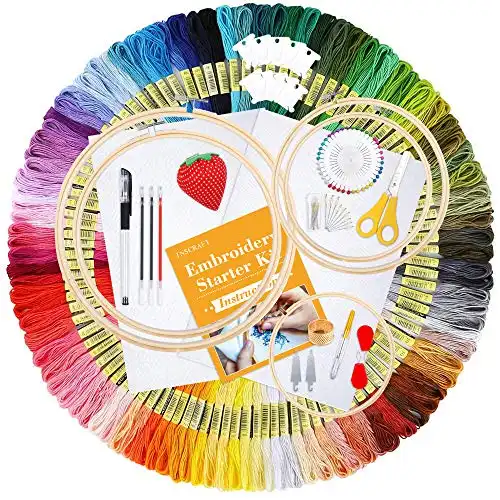 Inscraft 304 Pack Embroidery Kit, 200 Colors Threads, 5 Pcs Bamboo Embroidery Hoops, 2 Pcs Aida Cloth