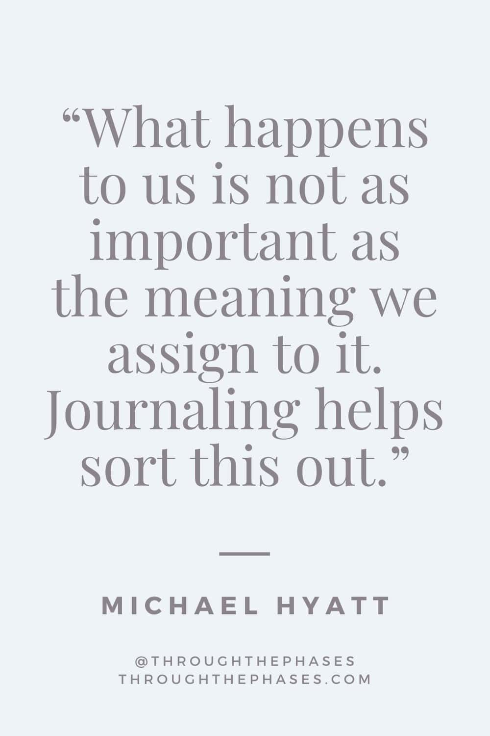 "What happens to us is not as important as the meaning we assign to it. Journaling helps sort this out." Journaling quote by Michael Hyatt.